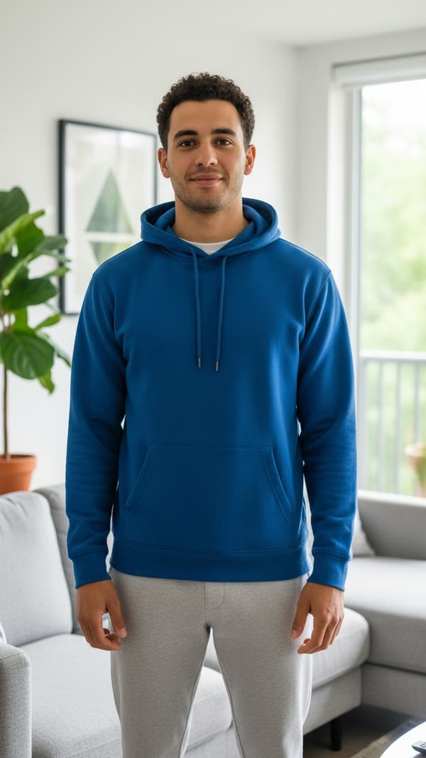 The source photo: a man in a blue hoodie standing in a living room